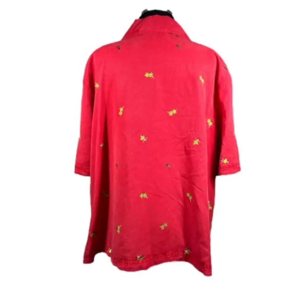 Amy K Su Embroidered Button Up Shirt Tropical Pineapples Hula Girls Red Size 2X